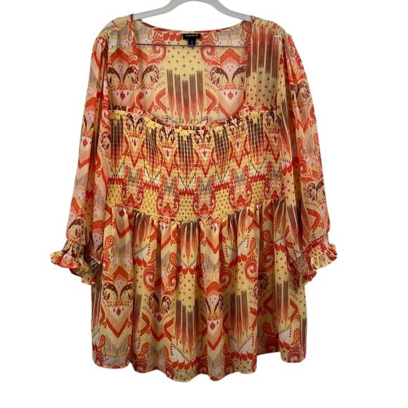 Torrid Yellow Orange Tribal Smocked Ruffle Square Neck Sheer Sleeve Blouse 3X - Picture 2 of 14